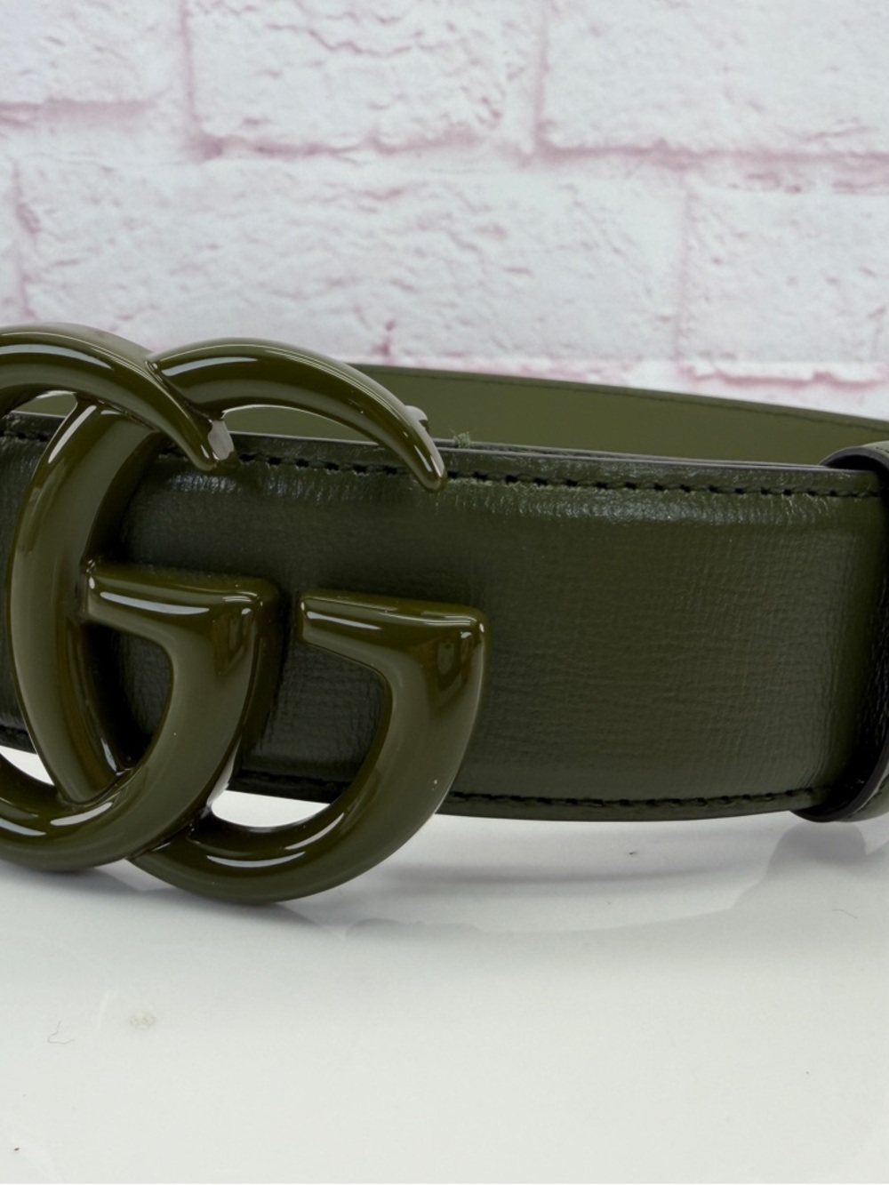 Authentic Gucci Monochrome Gg Wide Marmont Enamel Green Belt 75/30 400593 - Picture 2 of 8